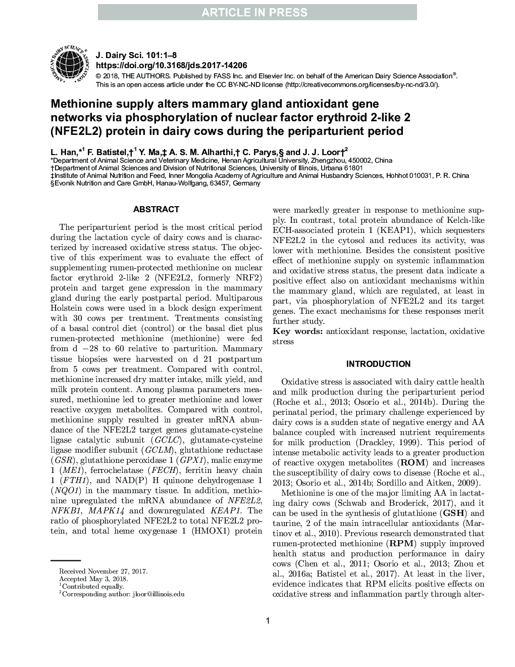 Methionine supply alters mammary gland antioxidant gene networks via phosphorylation of nuclear factor erythroid 2-like 2 (NFE2L2) protein in dairy cows during the periparturient period