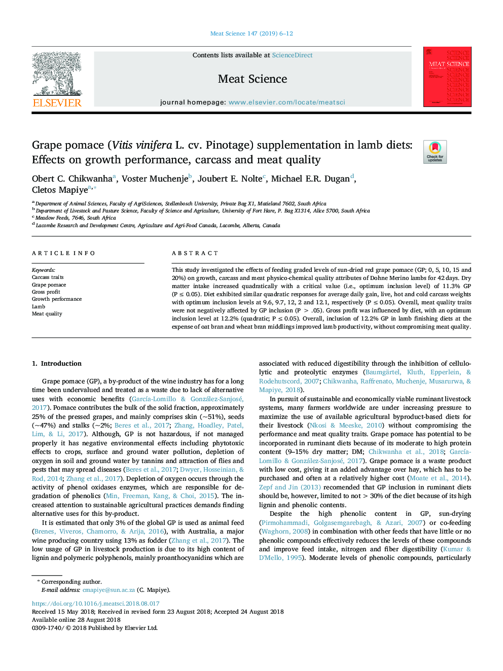 Grape pomace (Vitis vinifera L. cv. Pinotage) supplementation in lamb diets: Effects on growth performance, carcass and meat quality