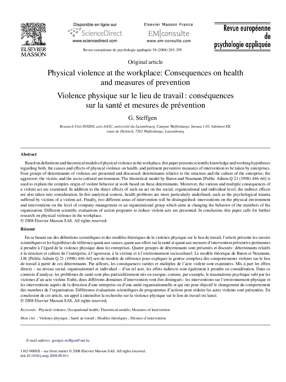 Physical violence at the workplace: Consequences on health and measures of prevention