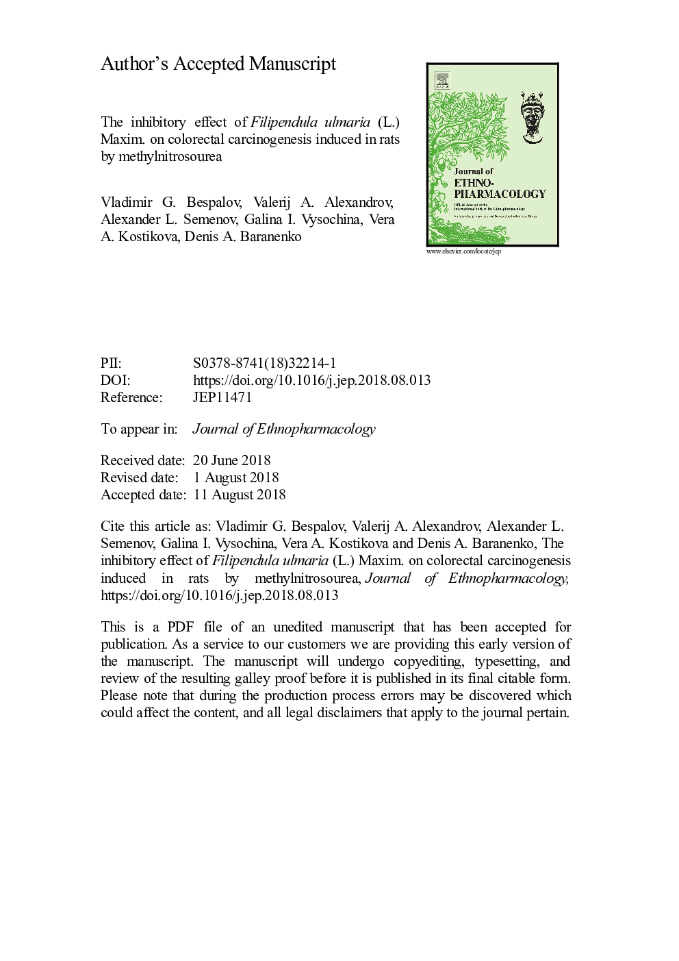 The inhibitory effect of Filipendula ulmaria (L.) Maxim. on colorectal carcinogenesis induced in rats by methylnitrosourea