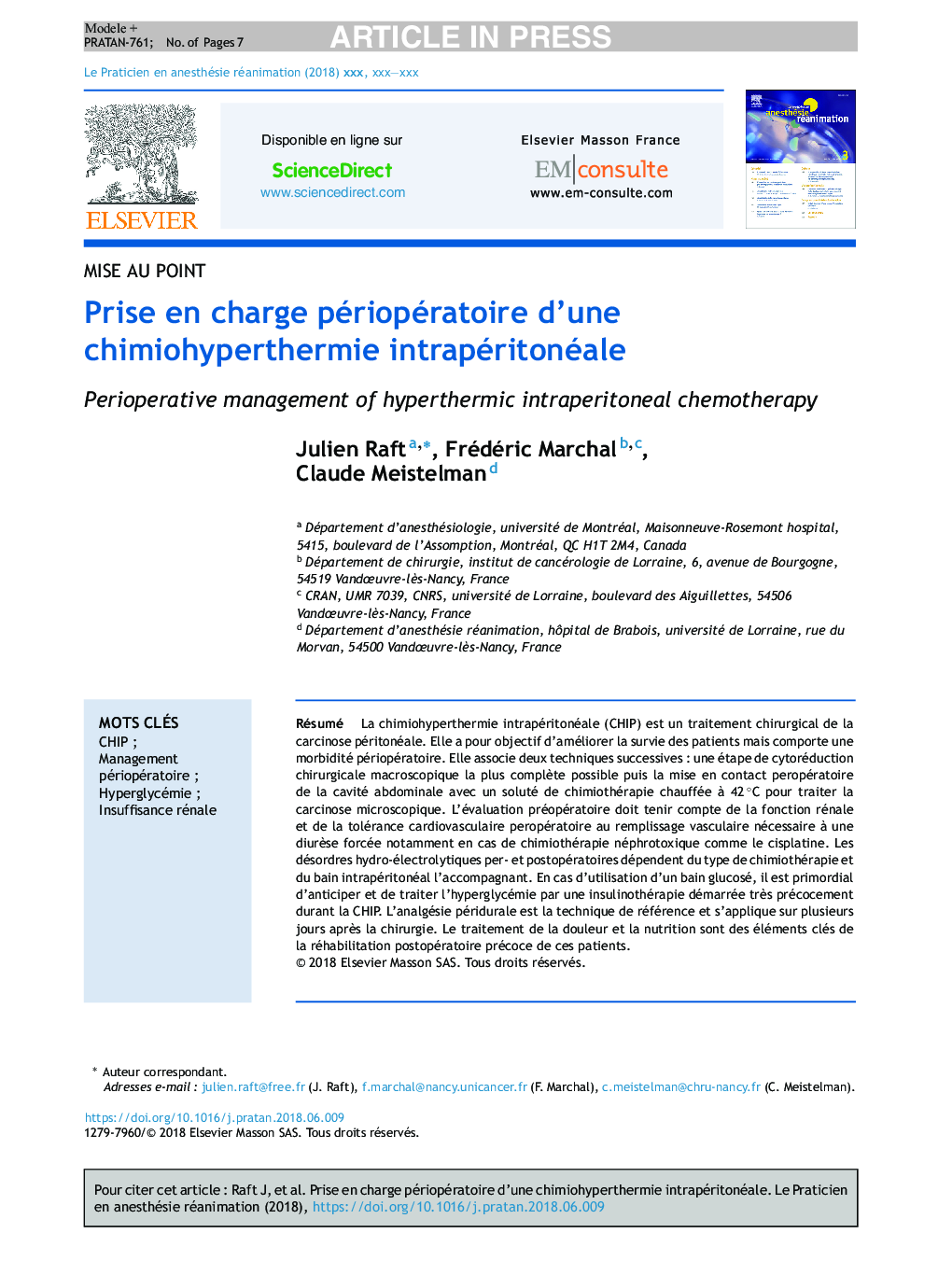 Prise en charge périopératoire d'une chimiohyperthermie intrapéritonéale