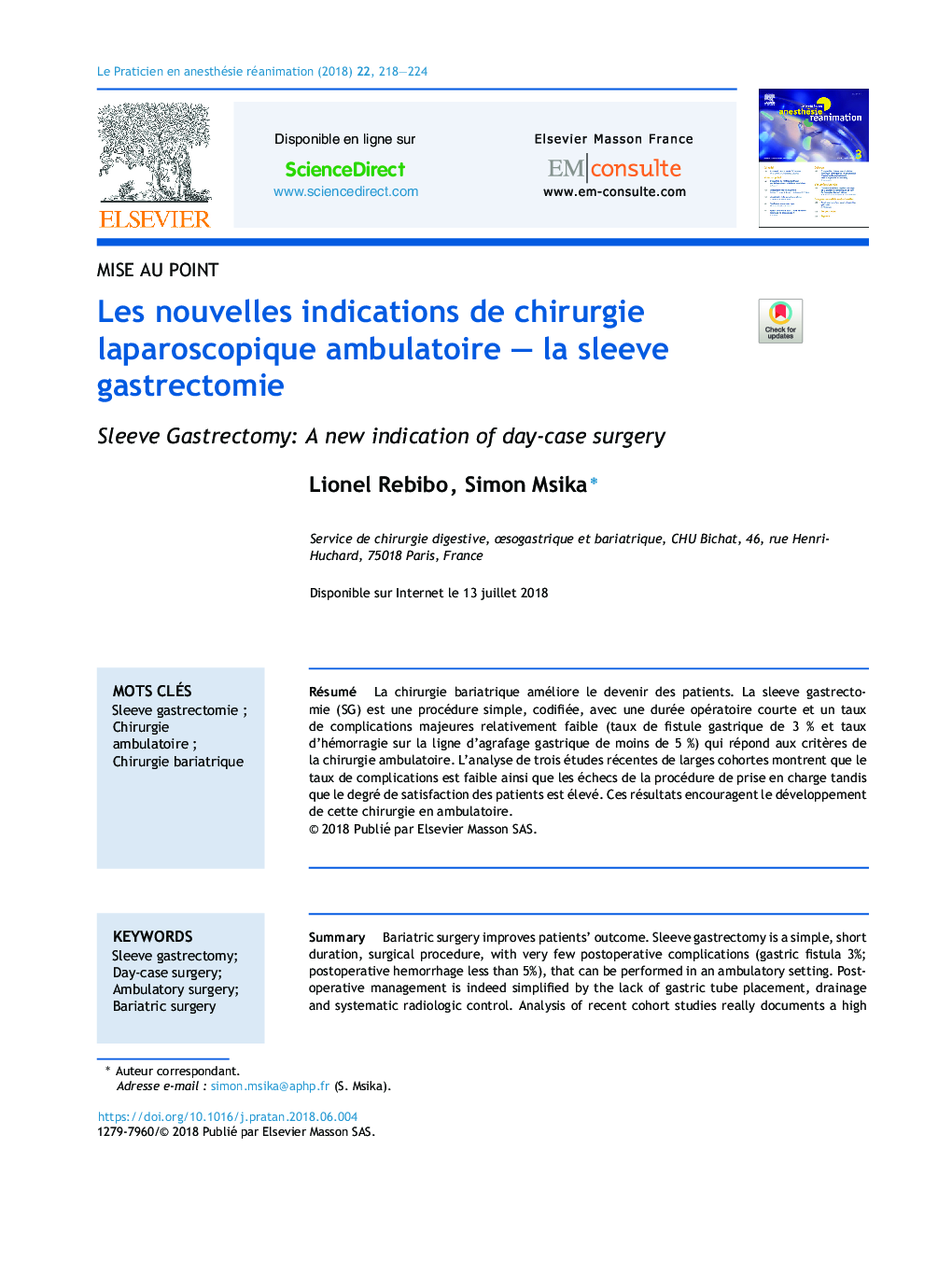 Les nouvelles indications de chirurgie laparoscopique ambulatoireÂ -Â la sleeve gastrectomie