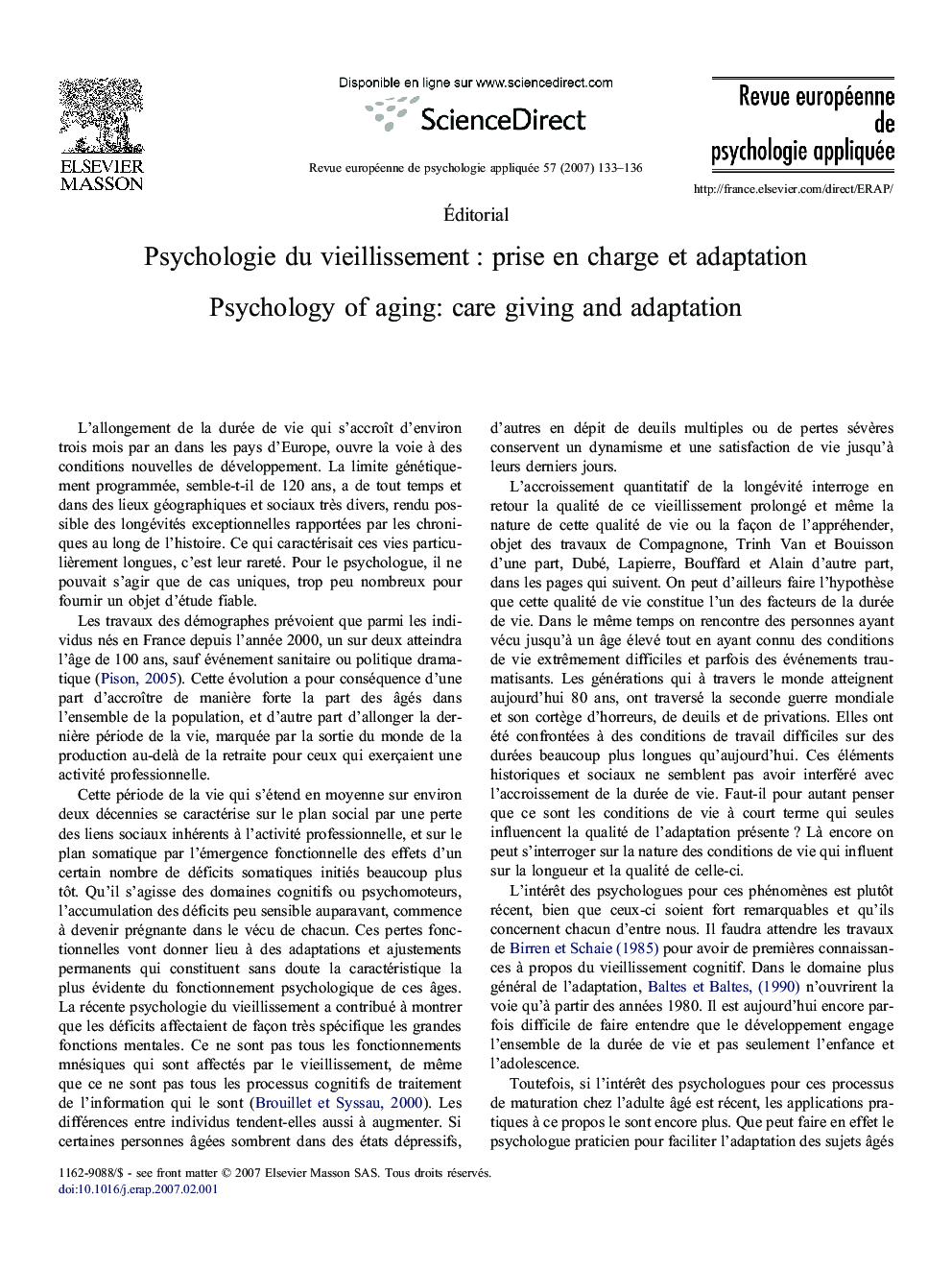 Psychologie duÂ vieillissementÂ : prise enÂ charge etÂ adaptation