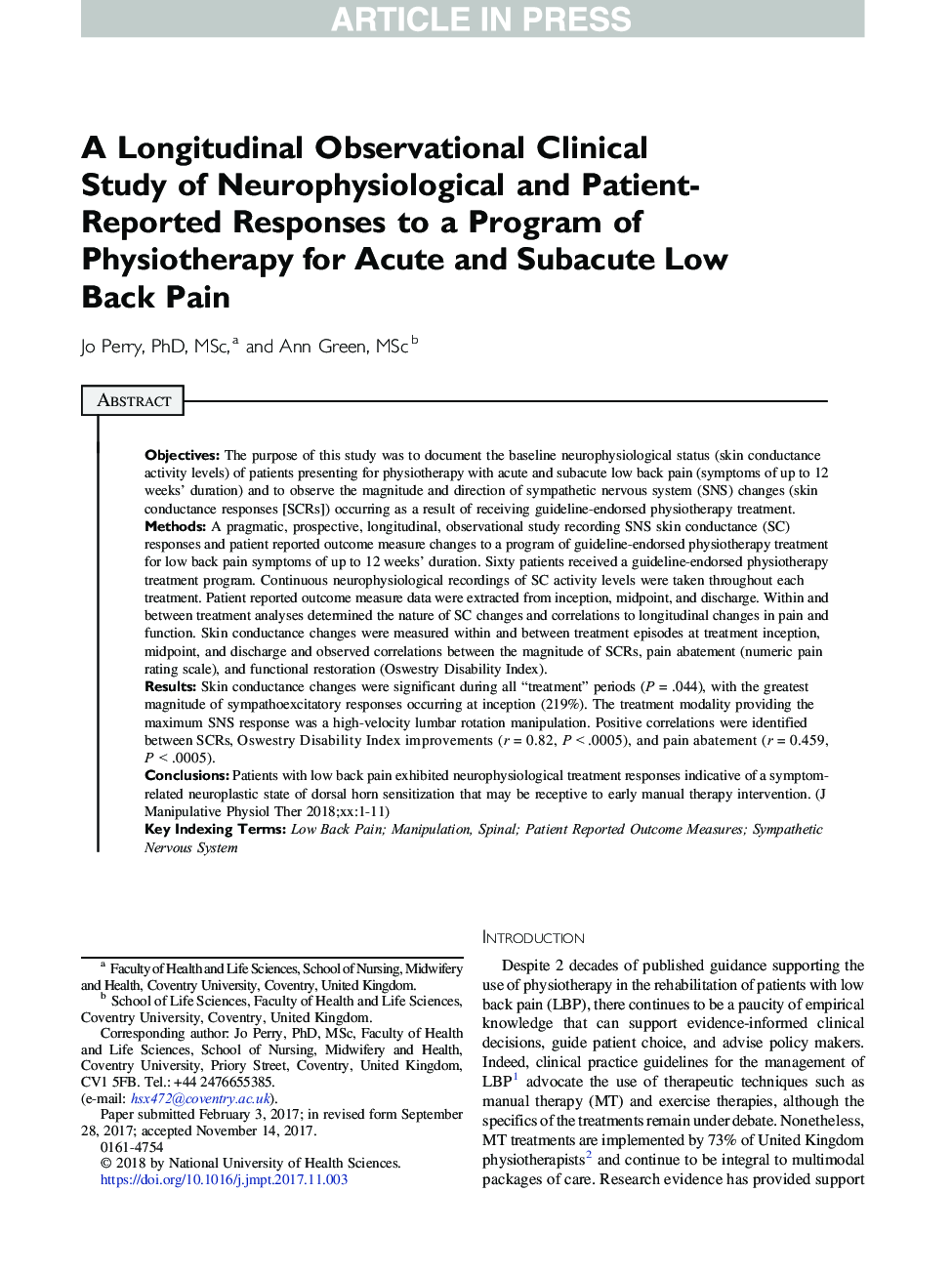یک مطالعه بالینی مشاهداتی طولانی از پاسخ های نوروفیزیولوژیک و گزارش شده بیمار به برنامه فیزیوتراپی برای کمردرد حاد و زیر حاد