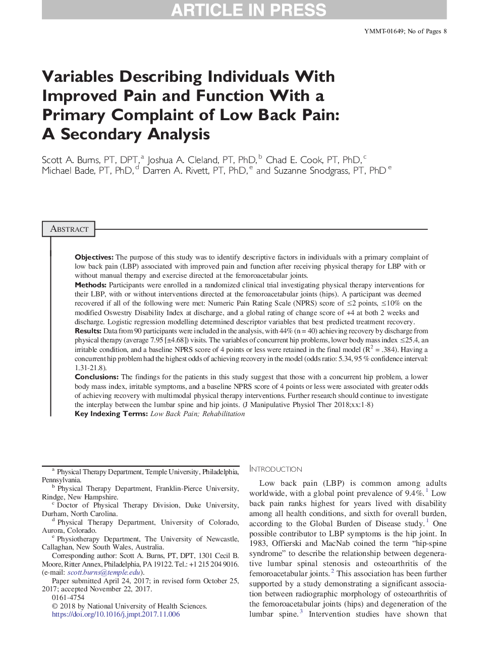 Variables Describing Individuals With Improved Pain and Function With a Primary Complaint of Low Back Pain: A Secondary Analysis