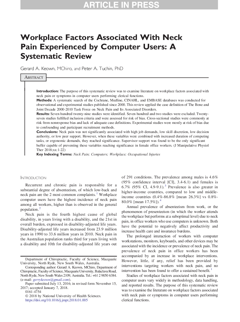 Workplace Factors Associated With Neck Pain Experienced by Computer Users: A Systematic Review