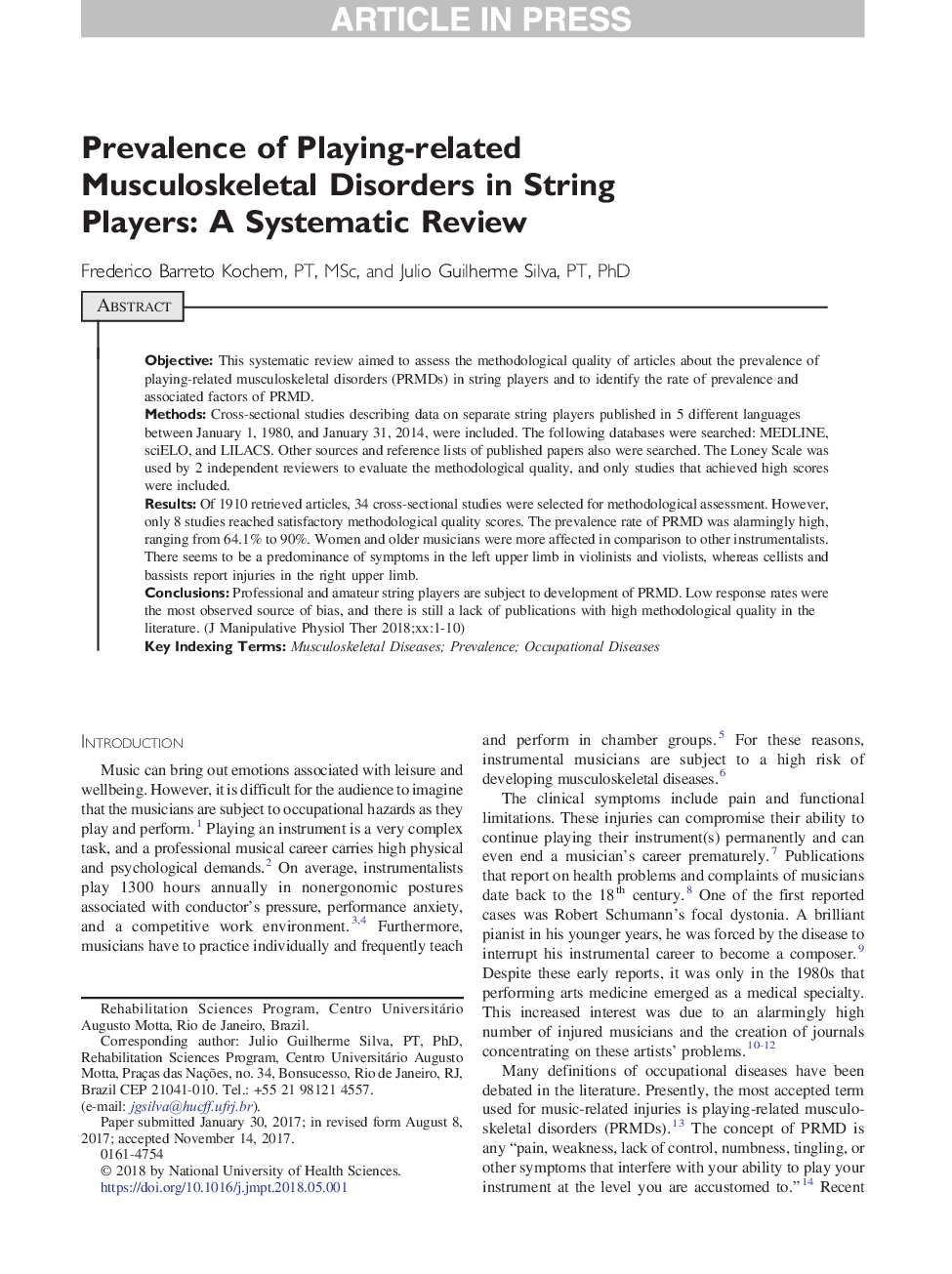 Prevalence of Playing-related Musculoskeletal Disorders in String Players: A Systematic Review