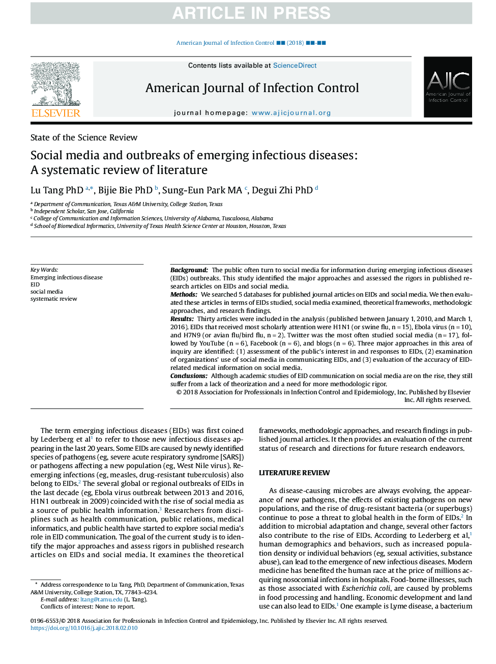 Social media and outbreaks of emerging infectious diseases: A systematic review of literature