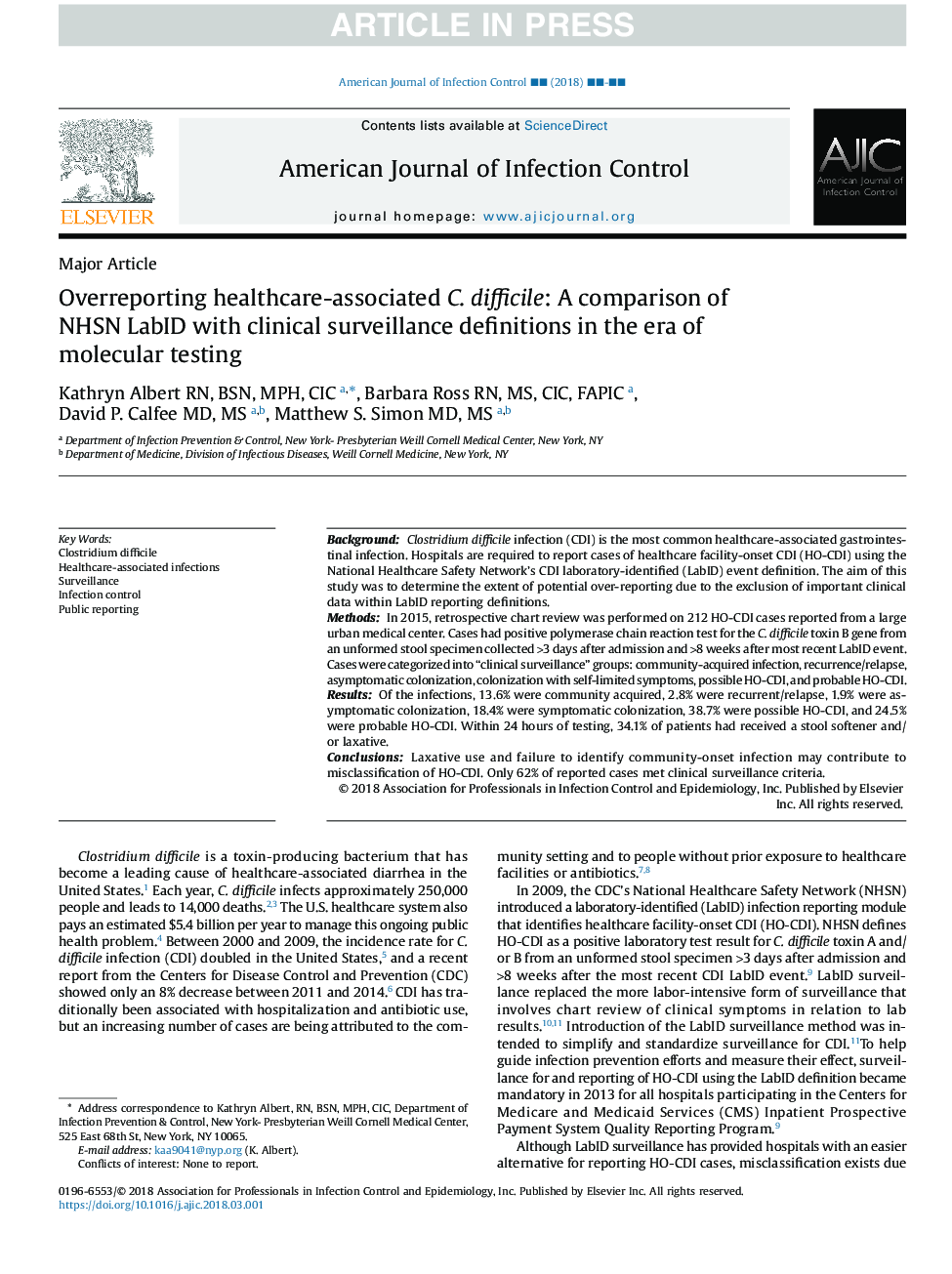 Overreporting healthcare-associated C. difficile: A comparison of NHSN LabID with clinical surveillance definitions in the era of molecular testing