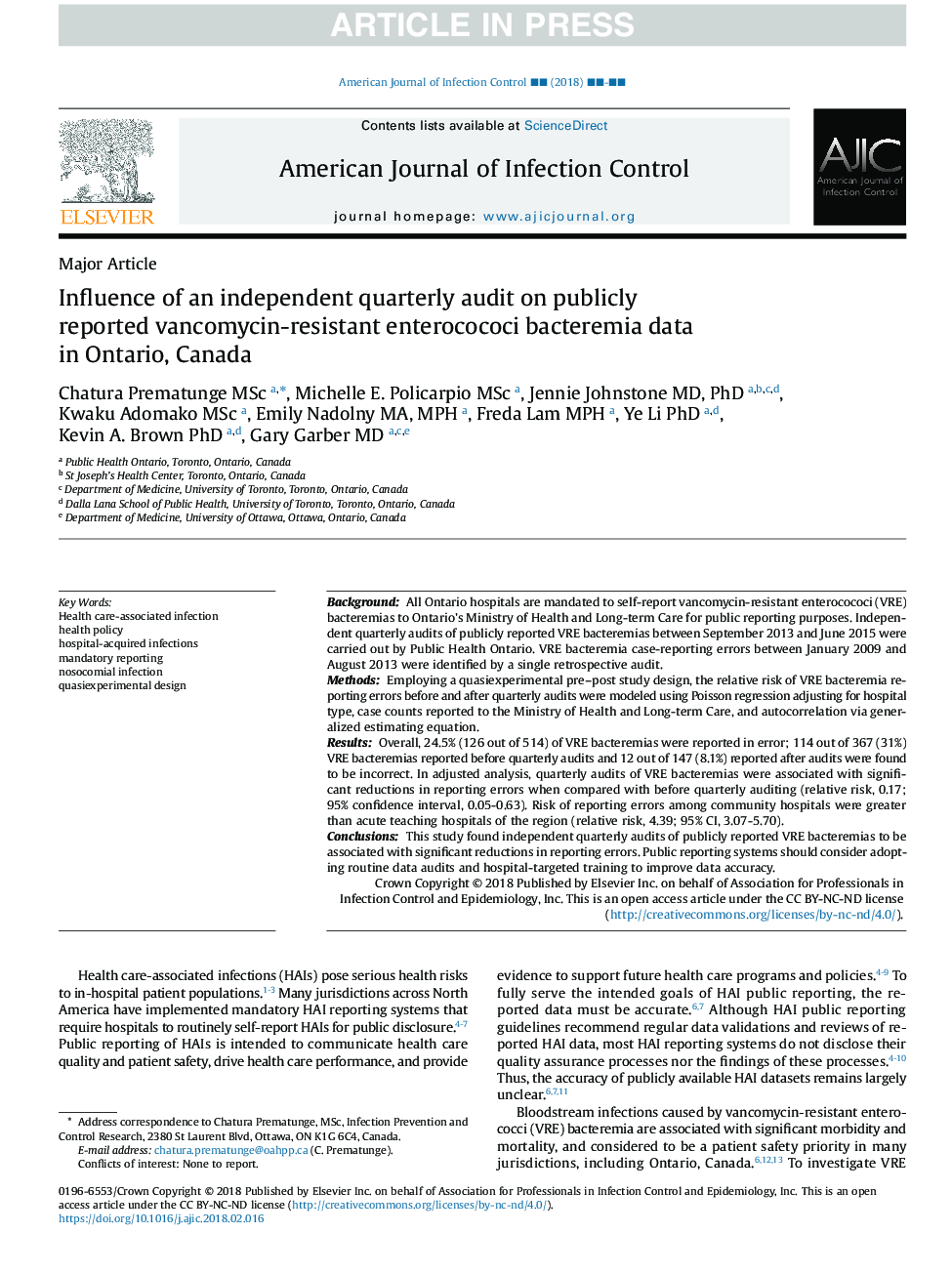 Influence of an independent quarterly audit on publicly reported vancomycin-resistant enterocococi bacteremia data in Ontario, Canada