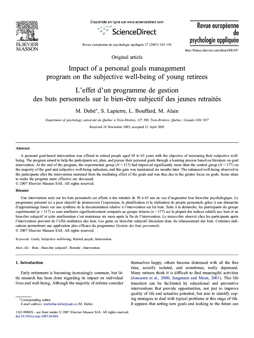 Impact of a personal goals management program on the subjective well-being of young retirees