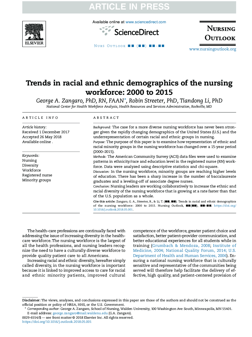 Trends in racial and ethnic demographics of the nursing workforce: 2000 to 2015