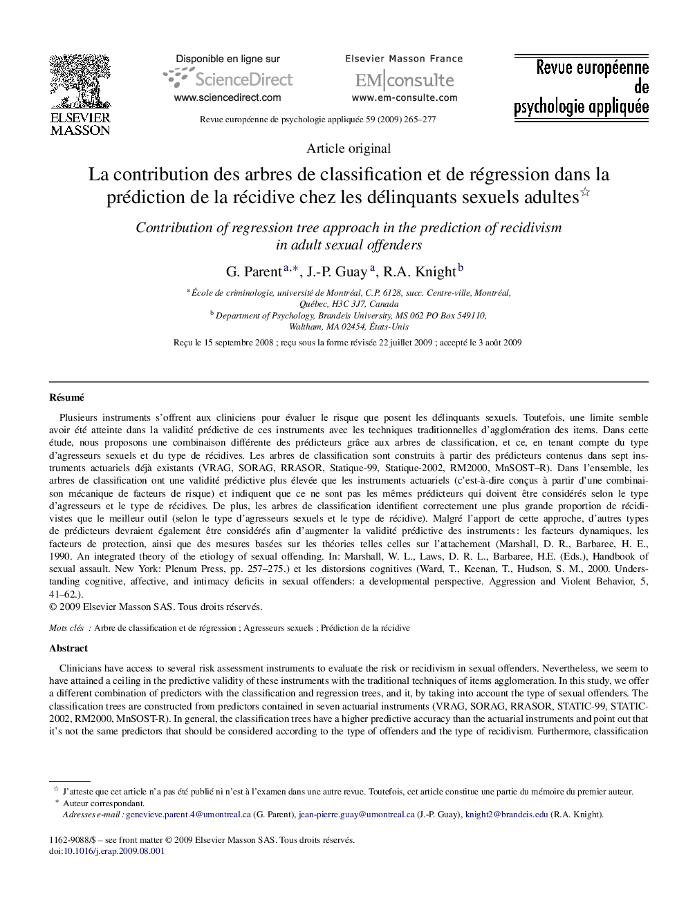 La contribution des arbres de classification et de régression dans la prédiction de la récidive chez les délinquants sexuels adultes 