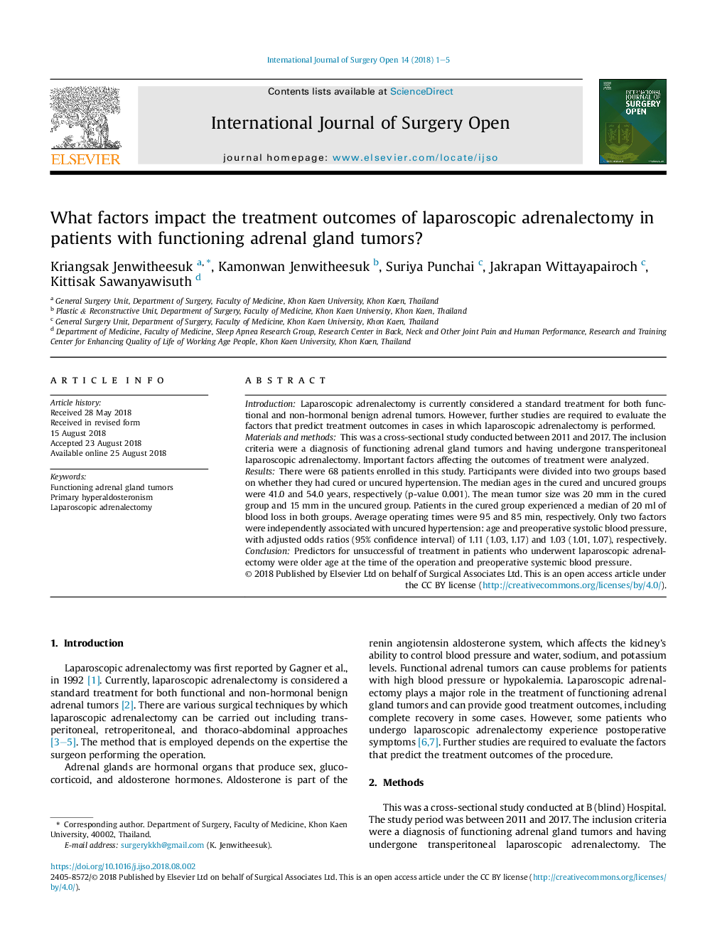 What factors impact the treatment outcomes of laparoscopic adrenalectomy in patients with functioning adrenal gland tumors?