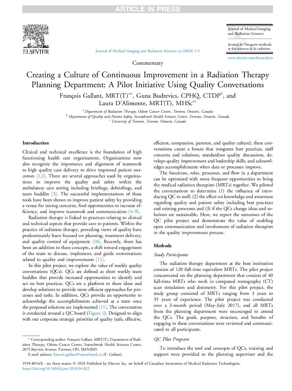 ایجاد یک فرهنگ بهبود مستمر در یک گروه برنامه ریزی درمانی رادیویی: یک طرح آزمایشی با استفاده از گفتگوهای با کیفیت