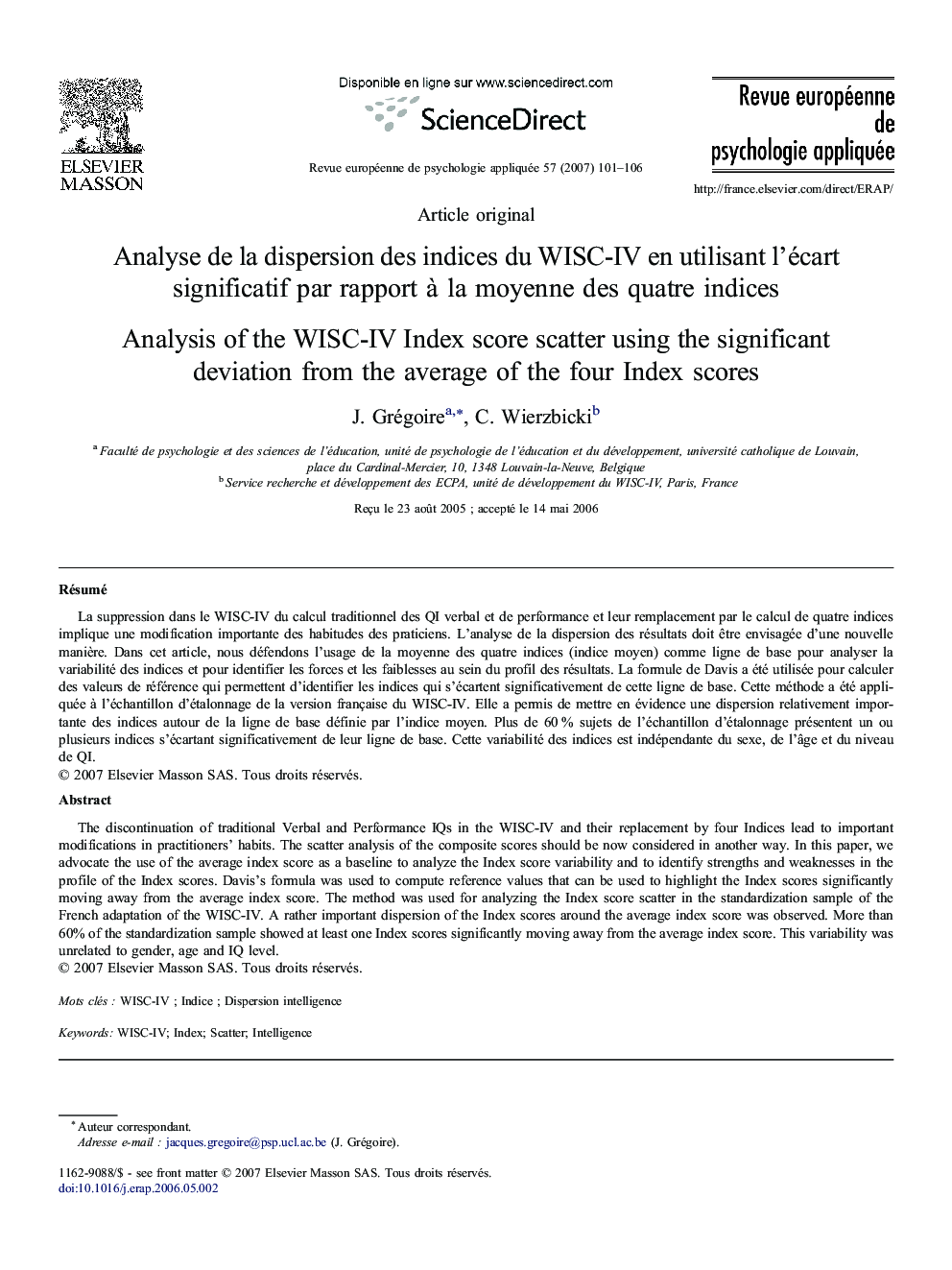 Analyse de la dispersion des indices du WISC-IV en utilisant l'écart significatif par rapport à la moyenne des quatre indices