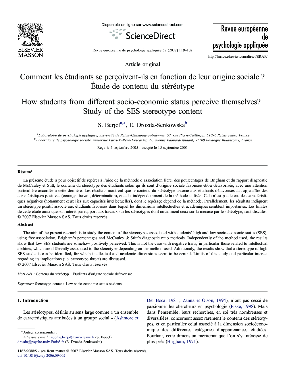 Comment les étudiants se perçoivent-ils en fonction de leur origine sociale ? Étude de contenu du stéréotype