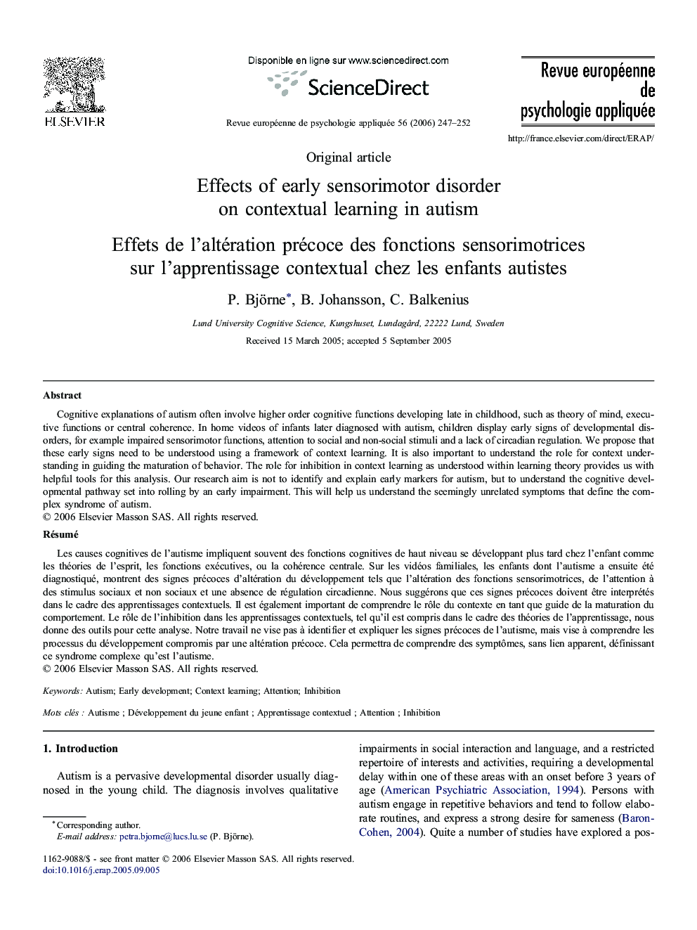 Effects of early sensorimotor disorder on contextual learning in autism