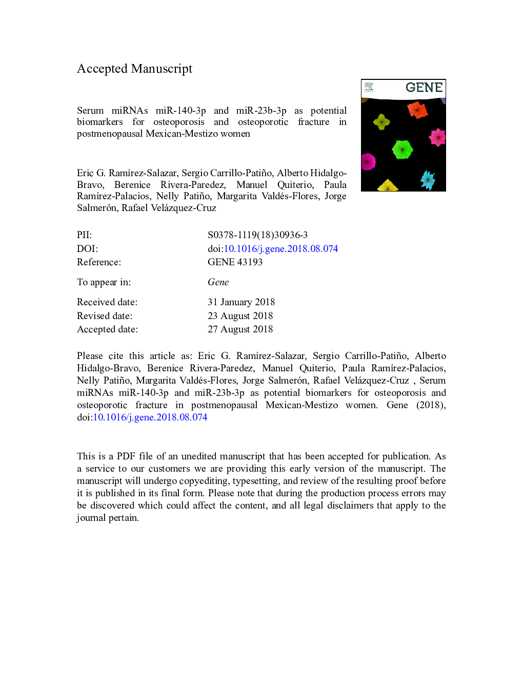 Serum miRNAs miR-140-3p and miR-23b-3p as potential biomarkers for osteoporosis and osteoporotic fracture in postmenopausal Mexican-Mestizo women