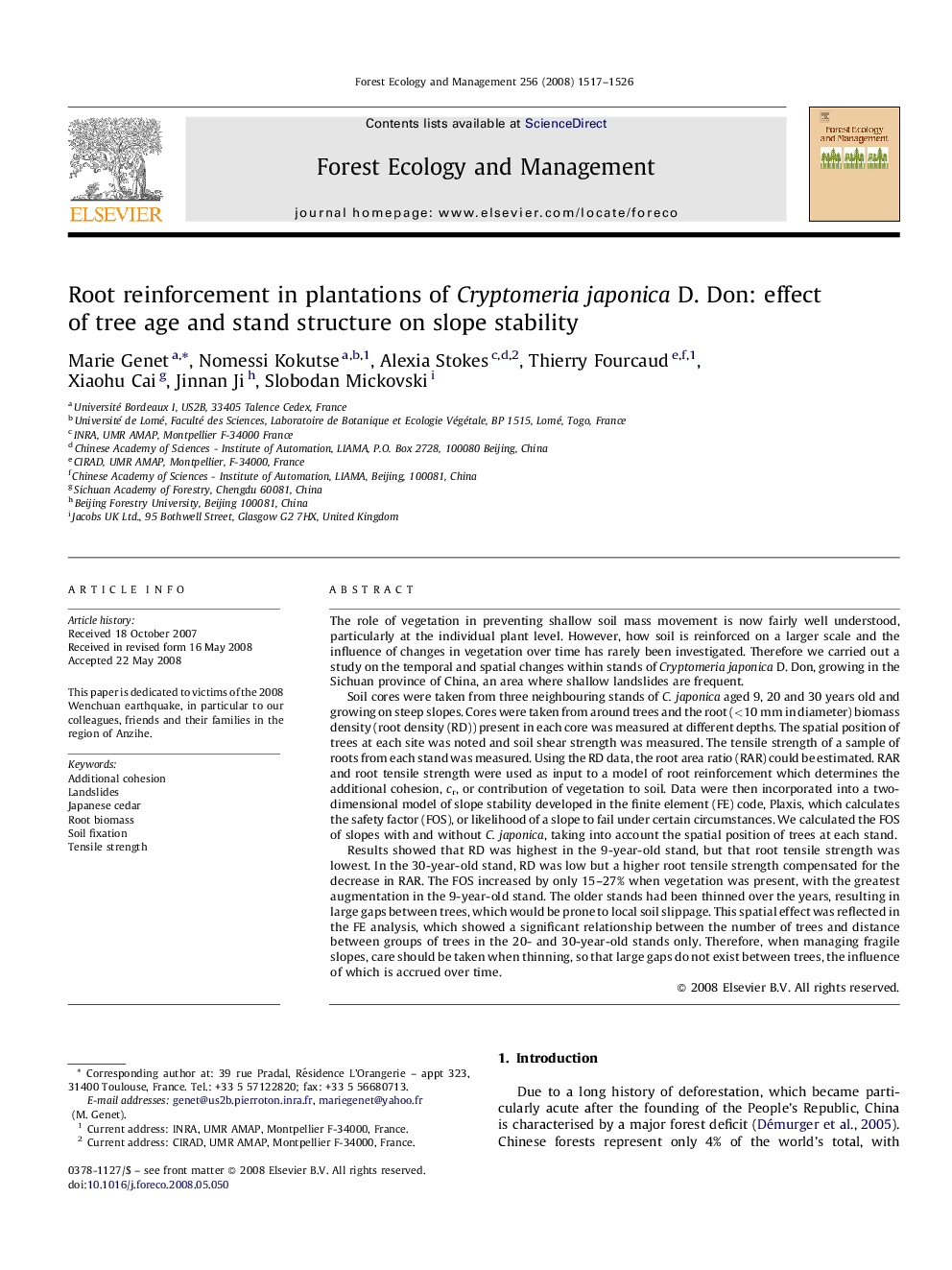 Root reinforcement in plantations of Cryptomeria japonica D. Don: effect of tree age and stand structure on slope stability