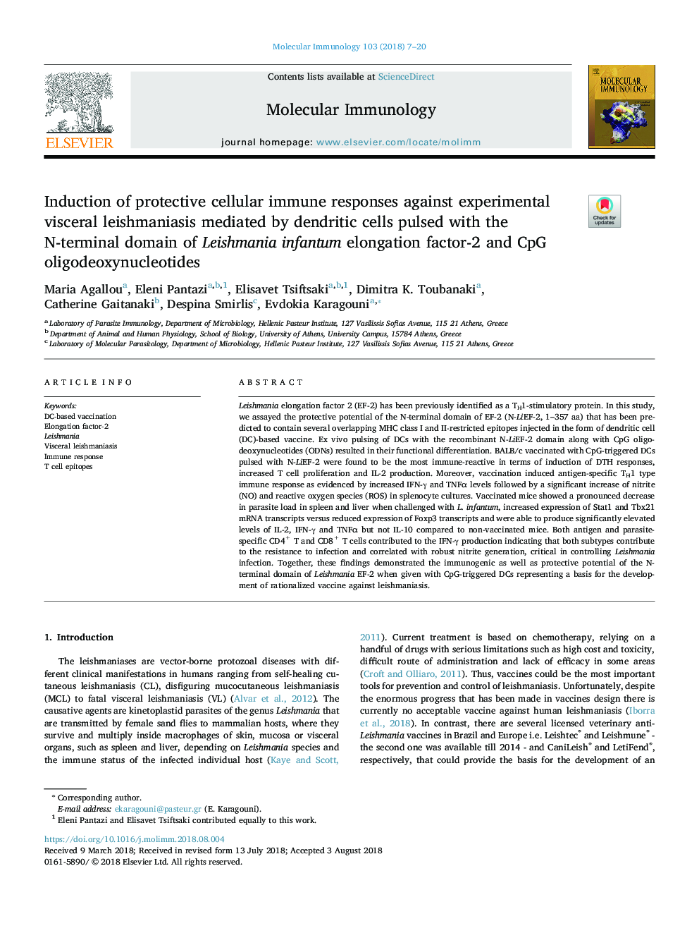 Induction of protective cellular immune responses against experimental visceral leishmaniasis mediated by dendritic cells pulsed with the N-terminal domain of Leishmania infantum elongation factor-2 and CpG oligodeoxynucleotides