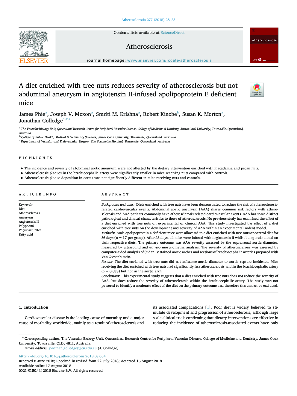 A diet enriched with tree nuts reduces severity of atherosclerosis but not abdominal aneurysm in angiotensin II-infused apolipoprotein E deficient mice