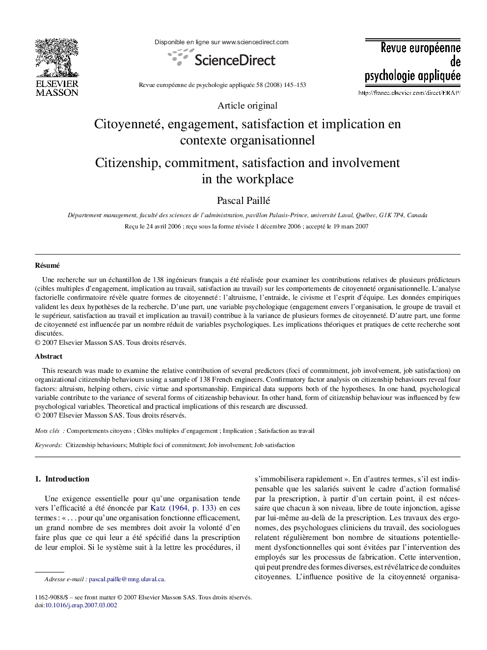 Citoyenneté, engagement, satisfaction et implication en contexte organisationnel