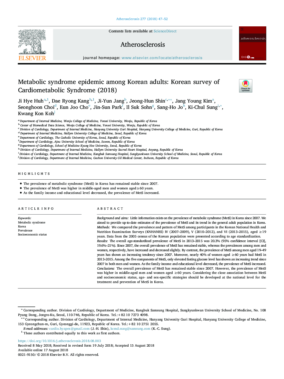 Metabolic syndrome epidemic among Korean adults: Korean survey of Cardiometabolic Syndrome (2018)