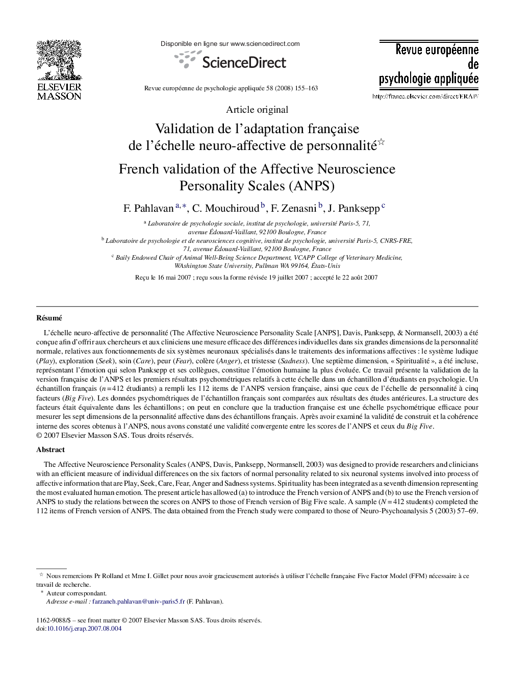 Validation de l’adaptation française de l’échelle neuro-affective de personnalité 