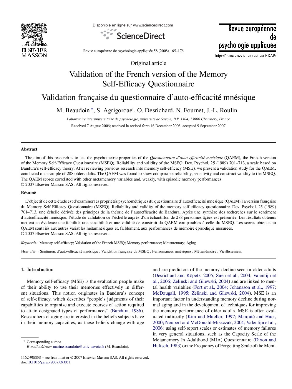 Validation of the French version of the Memory Self-Efficacy Questionnaire