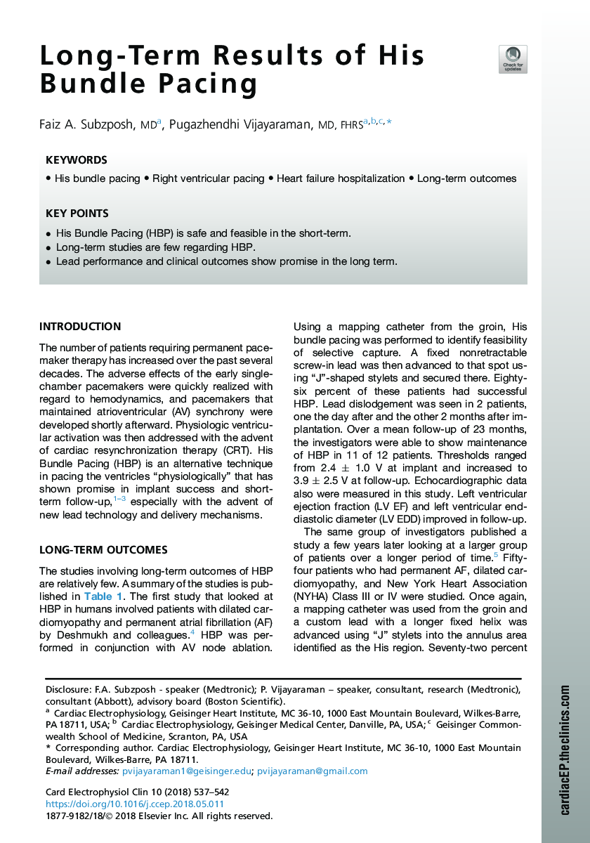 Long-Term Results of His Bundle Pacing