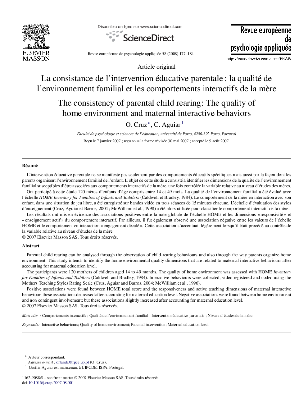 La consistance de l’intervention éducative parentale : la qualité de l’environnement familial et les comportements interactifs de la mère