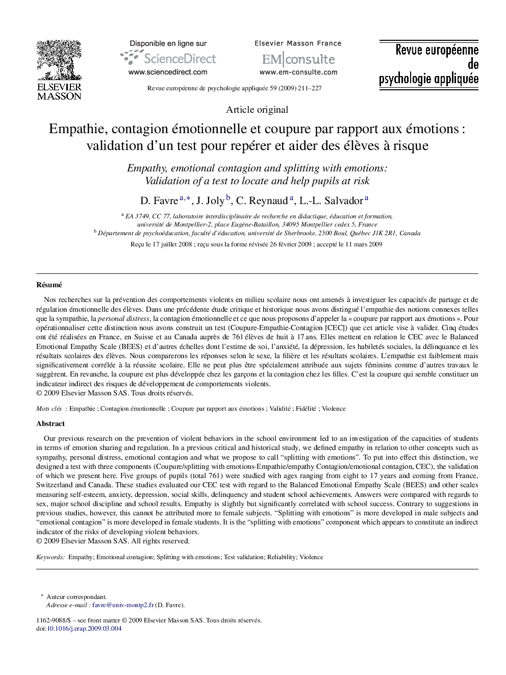 Empathie, contagion émotionnelle et coupure par rapport aux émotions : validation d’un test pour repérer et aider des élèves à risque