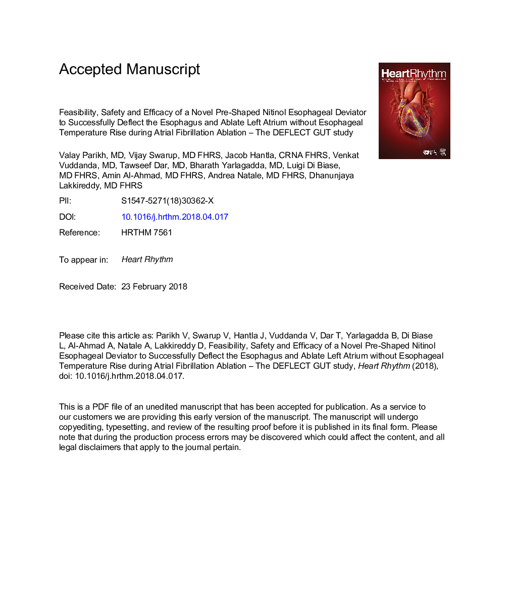 Feasibility, safety, and efficacy of a novel preshaped nitinol esophageal deviator to successfully deflect the esophagus and ablate left atrium without esophageal temperature rise during atrial fibrillation ablation: The DEFLECT GUT study