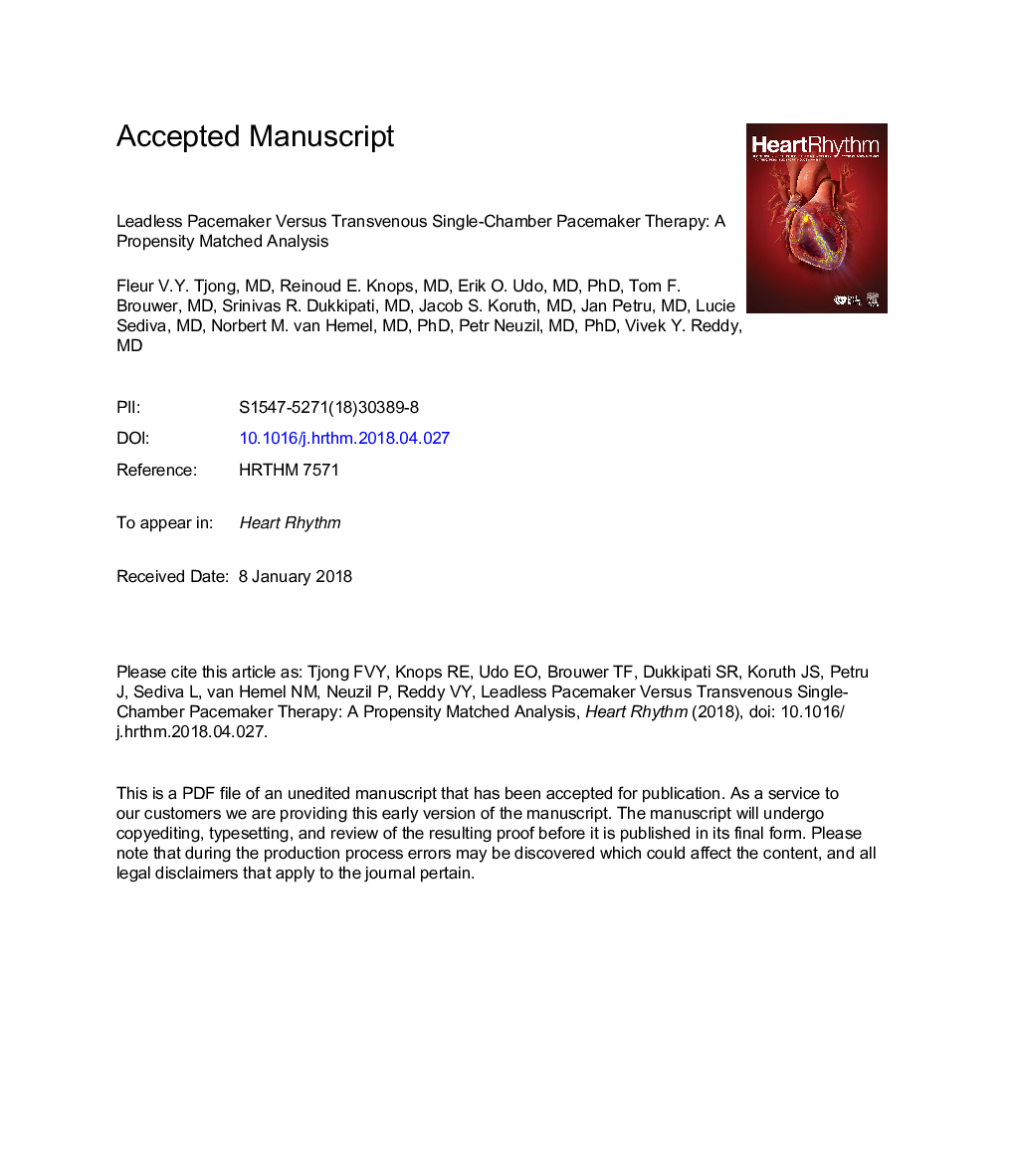 Leadless pacemaker versus transvenous single-chamber pacemaker therapy: A propensity score-matched analysis