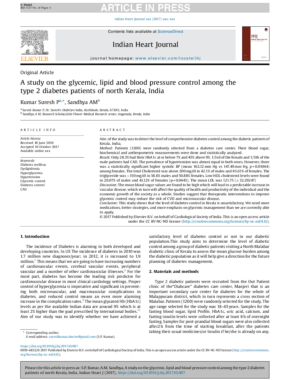 A study on the glycemic, lipid and blood pressure control among the type 2 diabetes patients of north Kerala, India