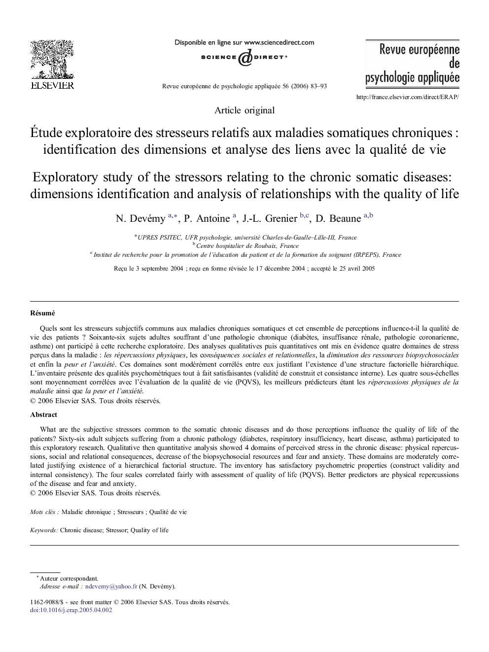 Étude exploratoire des stresseurs relatifs aux maladies somatiques chroniques : identification des dimensions et analyse des liens avec la qualité de vie