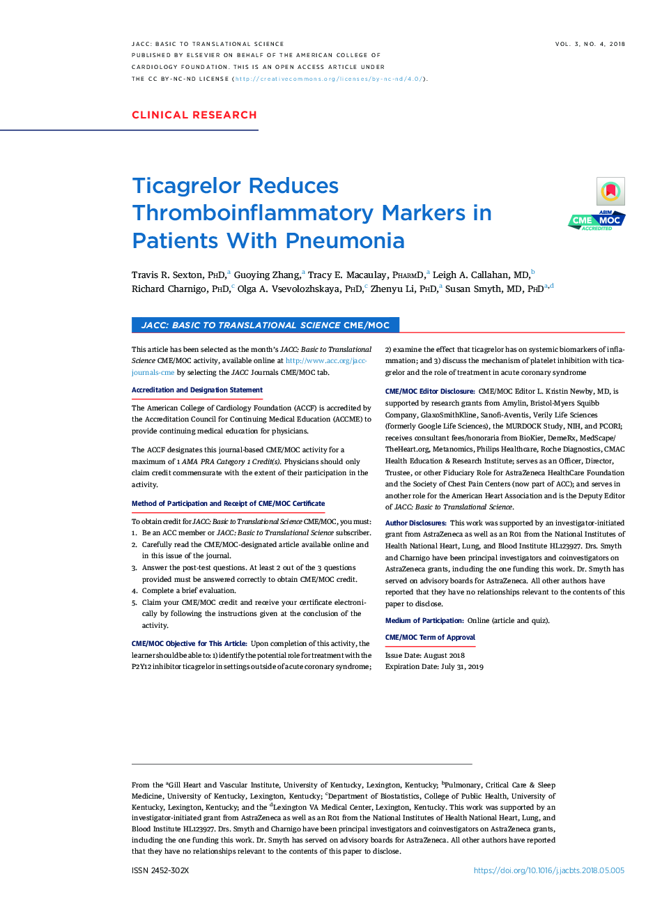 Ticagrelor Reduces ThromboinflammatoryÂ MarkersÂ in PatientsÂ WithÂ Pneumonia