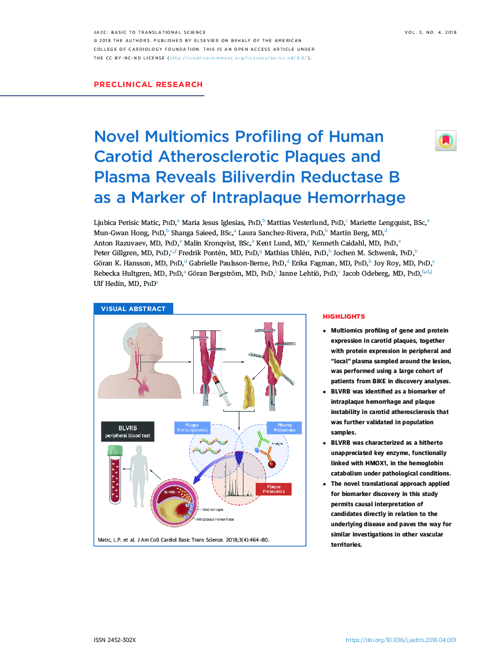 Novel Multiomics Profiling of Human Carotid Atherosclerotic Plaques and Plasma Reveals Biliverdin Reductase B asÂ a Marker of Intraplaque Hemorrhage