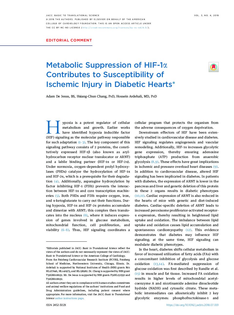 Metabolic Suppression of HIF-1Î± Contributes to Susceptibility of Ischemic Injury in Diabetic Heartsâ