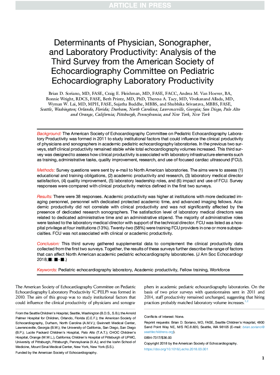 Determinants of Physician, Sonographer, and Laboratory Productivity: Analysis of the Third Survey from the American Society of Echocardiography Committee on Pediatric Echocardiography Laboratory Productivity