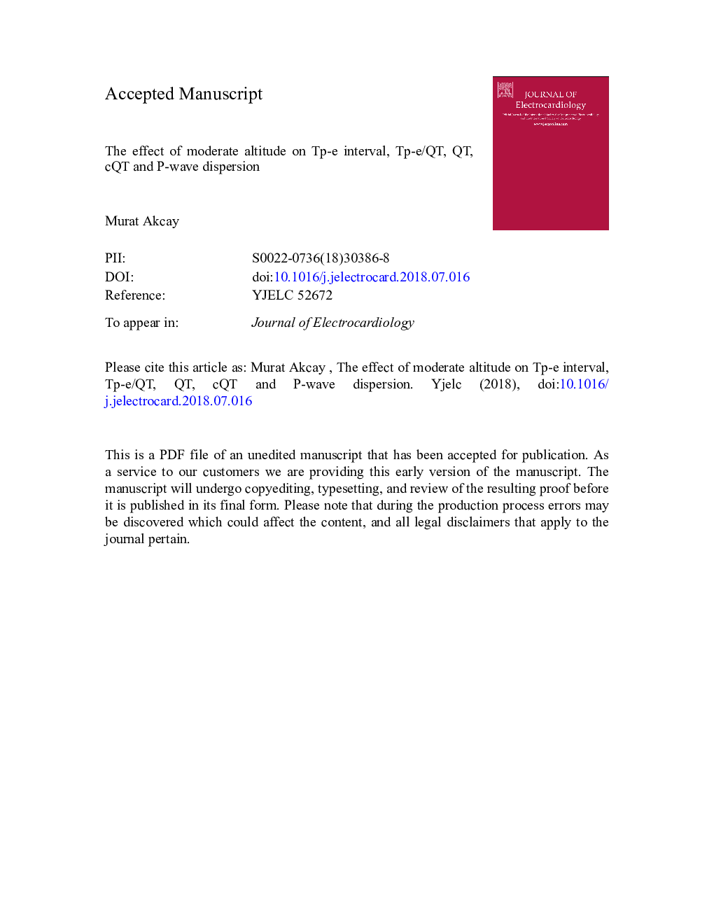 The effect of moderate altitude on Tp-e interval, Tp-e/QT, QT, cQT and P-wave dispersion