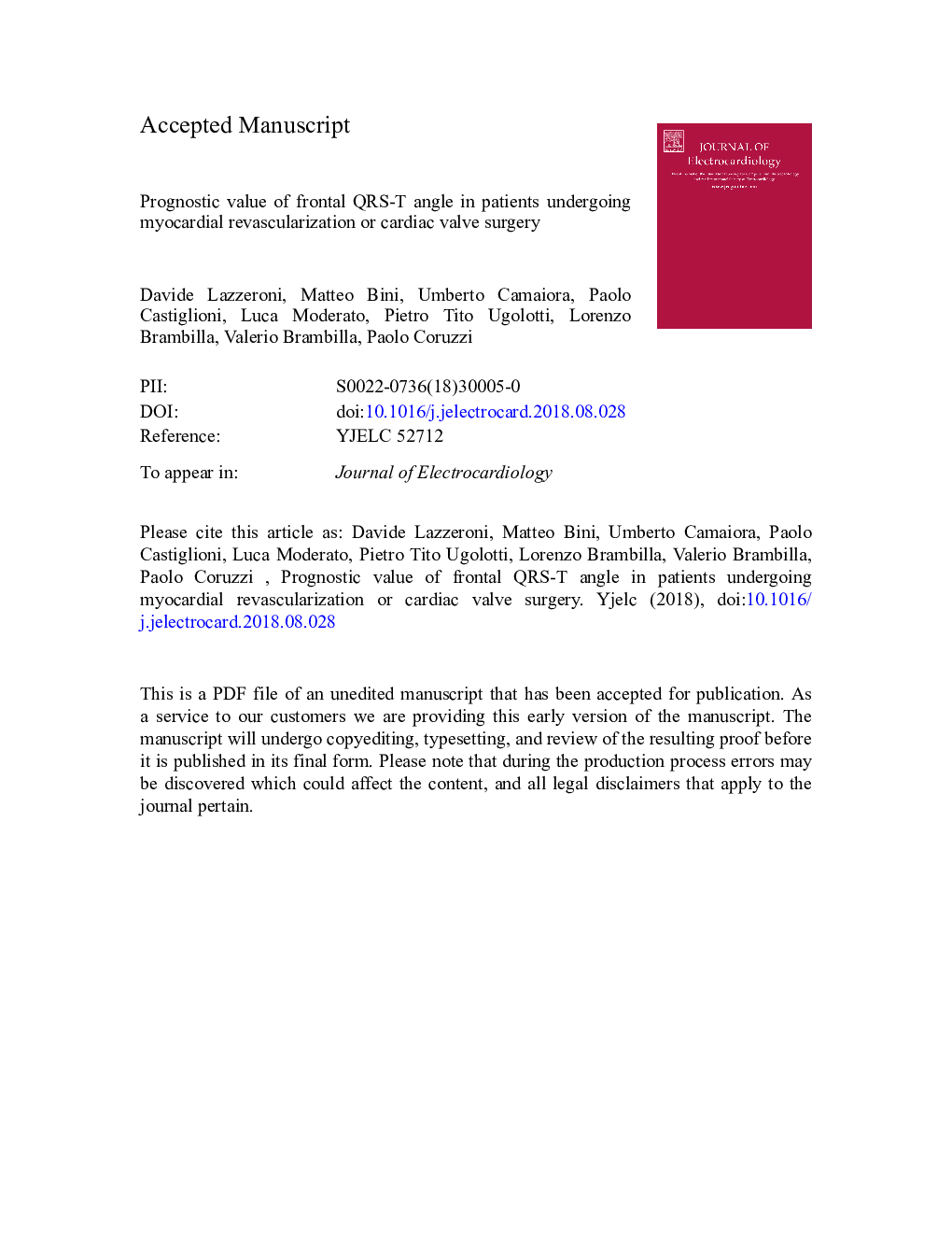 Prognostic value of frontal QRS-T angle in patients undergoing myocardial revascularization or cardiac valve surgery