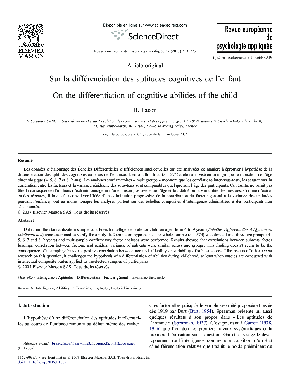 Sur la différenciation des aptitudes cognitives de l'enfant