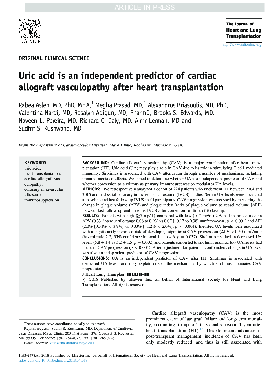 Uric acid is an independent predictor of cardiac allograft vasculopathy after heart transplantation
