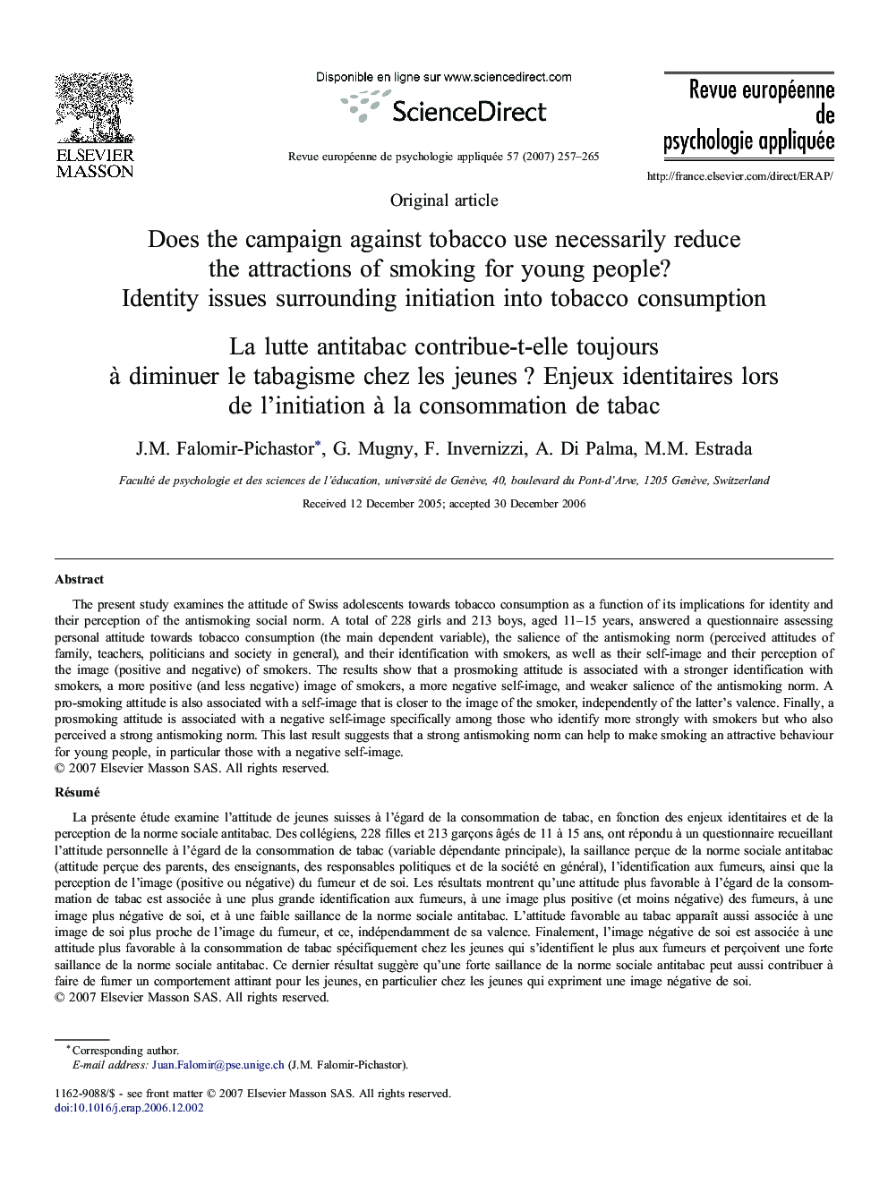 Does the campaign against tobacco use necessarily reduce the attractions of smoking for young people? Identity issues surrounding initiation into tobacco consumption