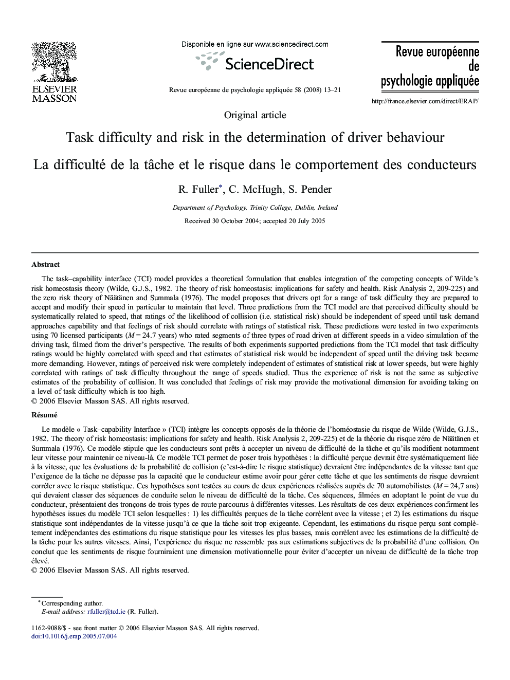 Task difficulty and risk in the determination of driver behaviour