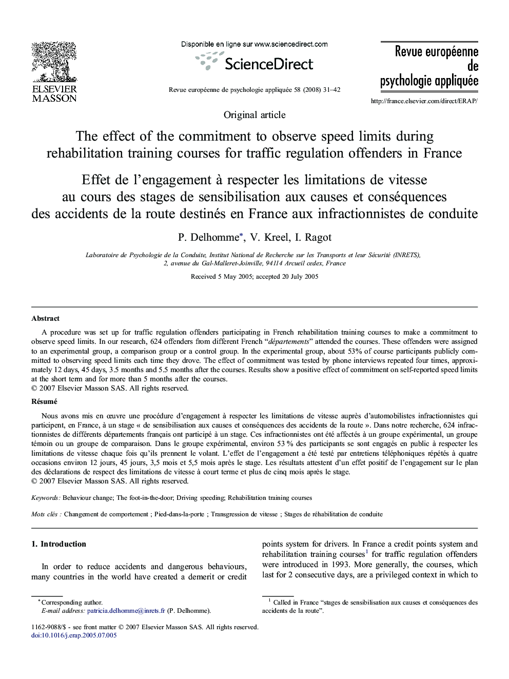 The effect of the commitment to observe speed limits during rehabilitation training courses for traffic regulation offenders in France