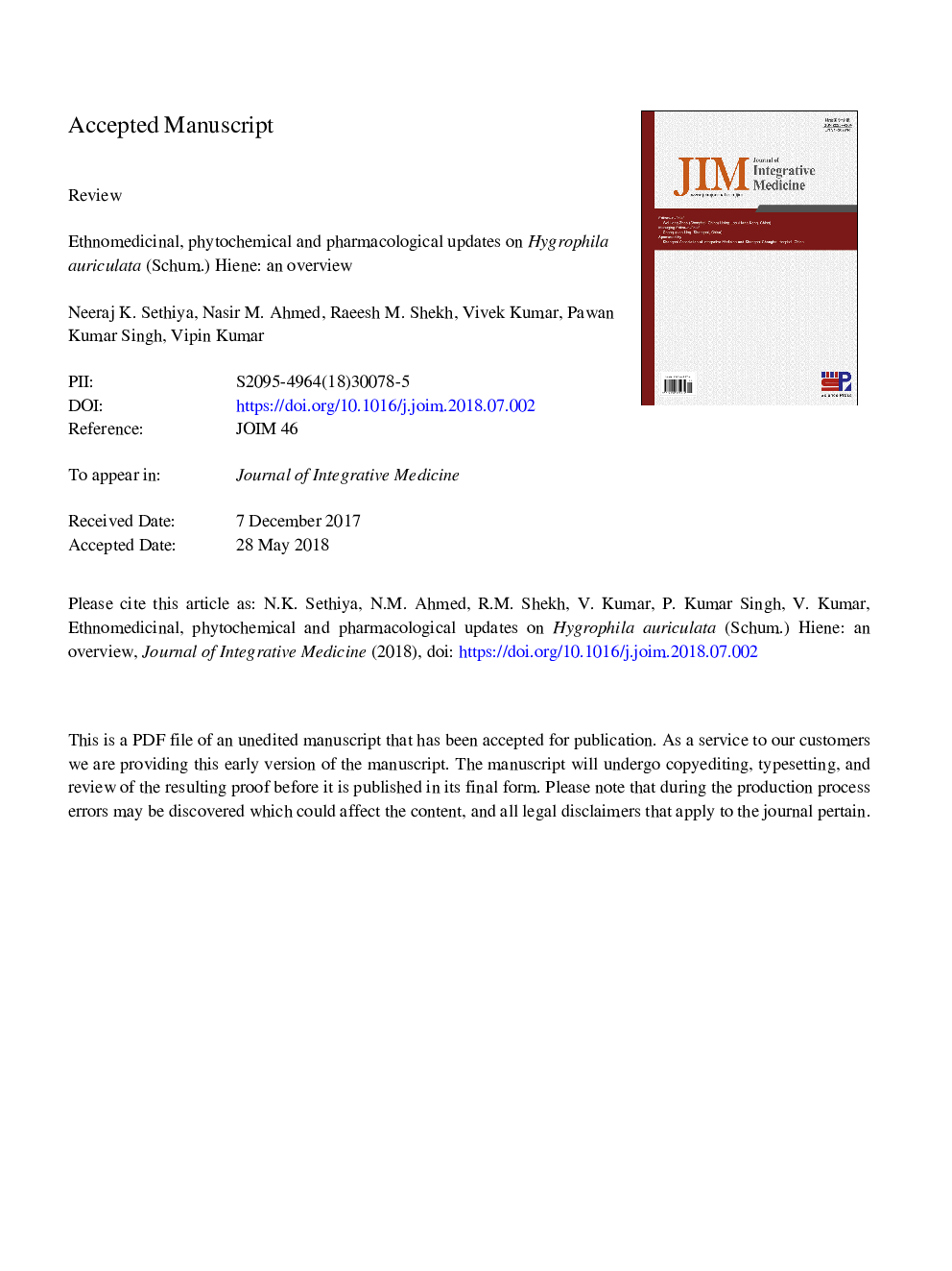 Ethnomedicinal, phytochemical and pharmacological updates on Hygrophila auriculata (Schum.) Hiene: an overview