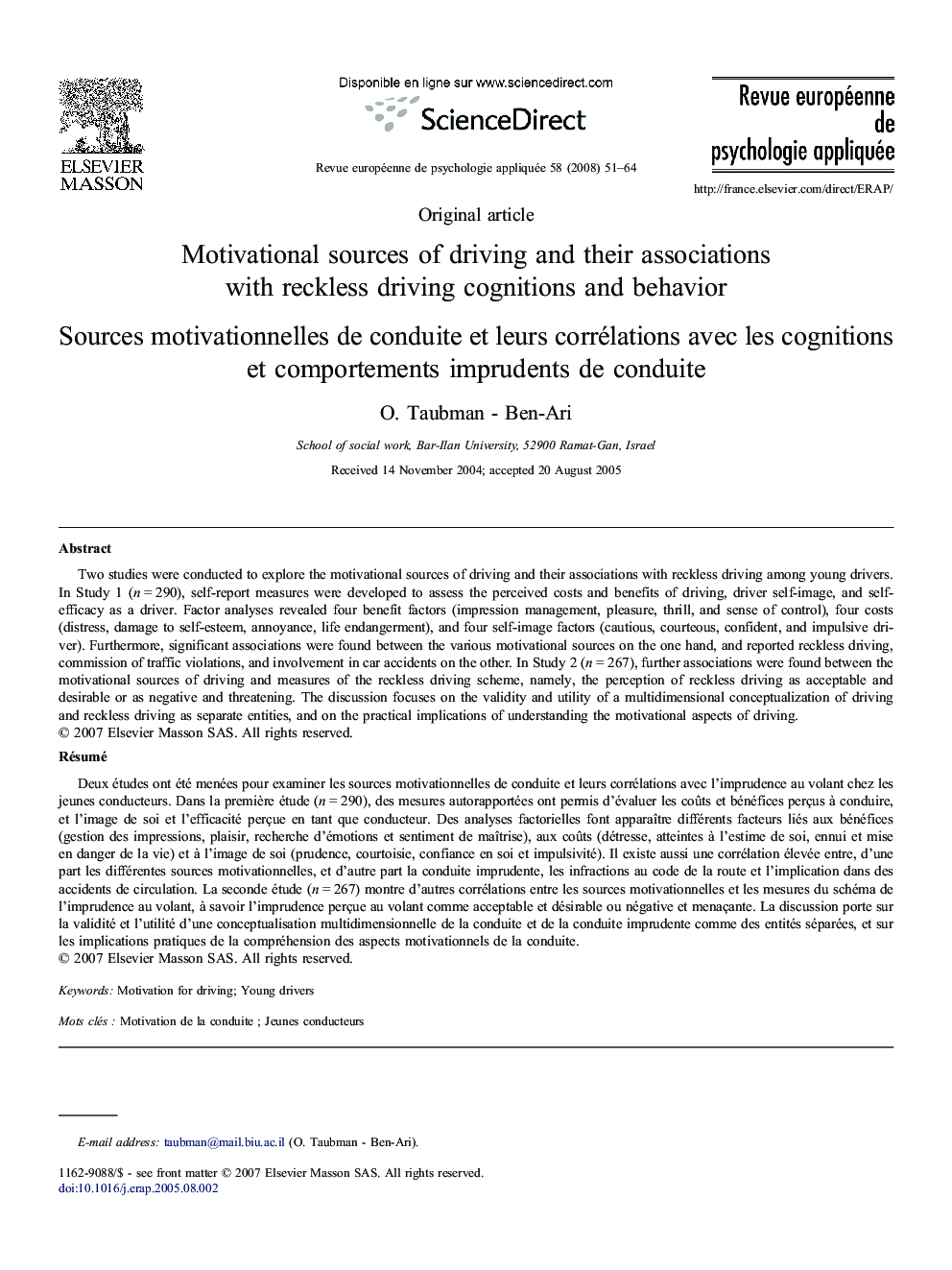 Motivational sources of driving and their associations with reckless driving cognitions and behavior